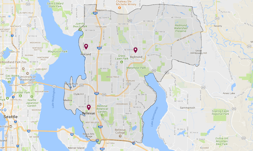Image of all the Areas of Redmond and North Kirkland that we service.